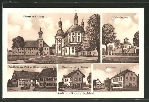 AK Kloster Lechfeld, Schulhaus, Handlung von J. Butzner, Gasthaus zur Post und Bürgermeister