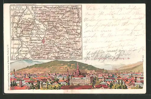 Lithographie Freiburg, Panorama aus der Vogelschau, Landkarte der Stadt und der Umgebung