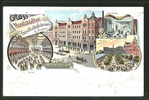 Lithographie Hannover, Gasthaus Nordstädter Gesellschaftshaus, Kegelbahn, Garten