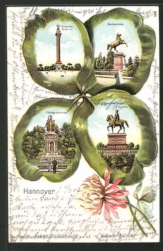 Passepartout-Lithographie Hannover, Kleeblatt mit Sachsenross, Waterloo-Denkmal, Kriegerdenkmal, Ernst-August-Denkmal