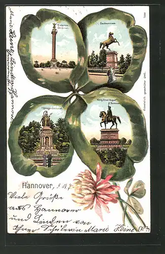 Passepartout-Lithographie Hannover , Kleeblatt mit Waterloo-Denkmal, Sachsenross und Kriegerdenkmal