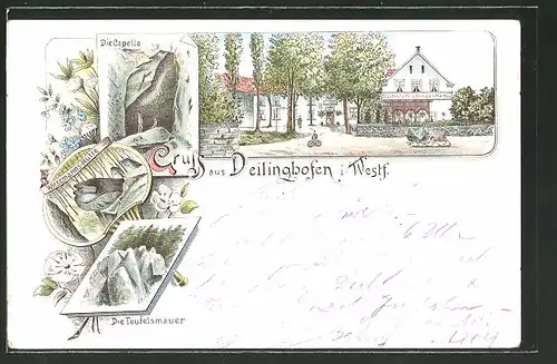 Lithographie Deilinghofen, Gasthof zum Felsenmeer von Platthau, Capelle, Teufelsmauer
