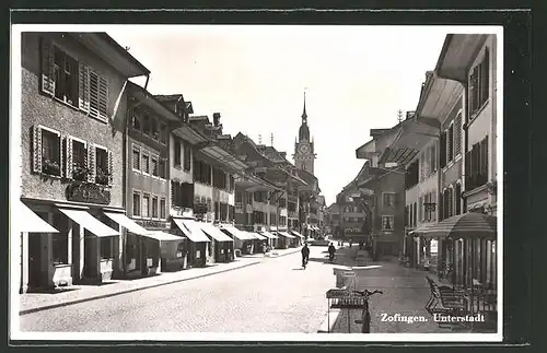 AK Zofingen, Strassenpartie mit Geschäften in der Unterstadt