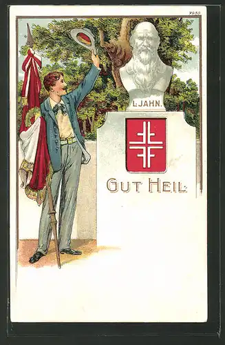 Lithographie Büste des Turnvater Jahn, Junger Mann mit Flagge