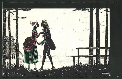 Künstler-AK Manni Grosze: Paar im Wald beim heimlichen Kuss