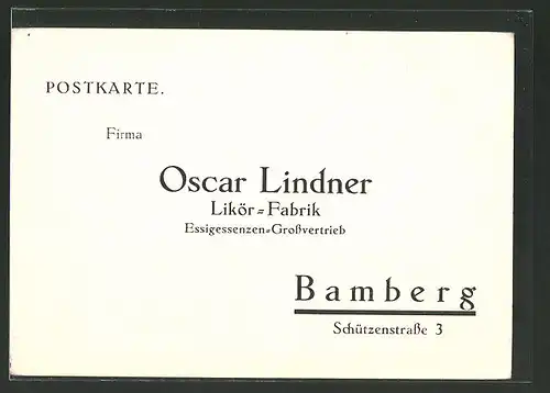 AK Reklame für die Likör-Fabrik Oscar Lindner, Bamberg, Schützenstrasse 3