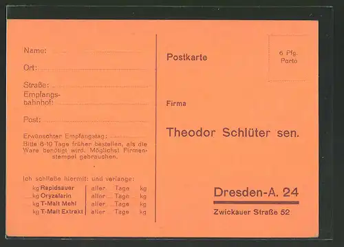 AK Reklame für die Firma Theodor Schlüter sen., Dresden A., Zwickauer Strasse 52