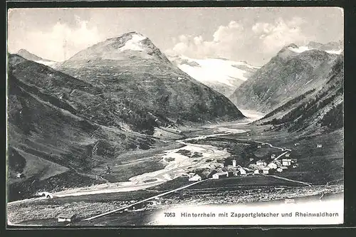 AK Hinterrhein, Ortsansicht mit Zapportgletscher und Rheinwaldhorn