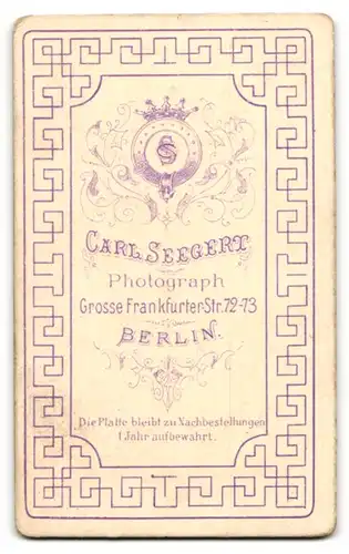 Fotografie Carl Seegert, Berlin, Portrait bürgerliche Dame mit zeitgenössischer Frisur