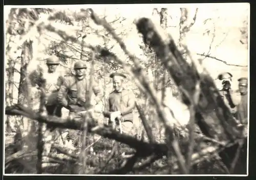 Fotografie 1.WK, Trupp russische Soldaten fotografiert aus dem Unterholz von einem deutschen Vorposten