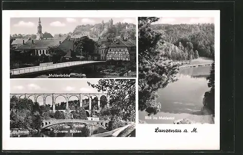 AK Lunzenau, Muldenbrücke, Blick ins Muldental, Göhrener Brücken