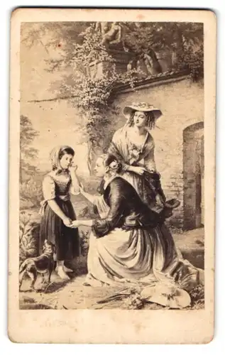 Fotografie Gemälde Bauernmädchen und zwei Damen