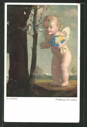 Künstler-AK sign. G. Flatscher: Frühlings Erwachen, Engel mit Blumen und Singvogel