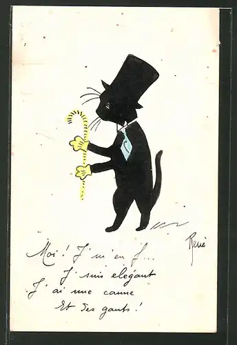 Künstler-AK Handgemalt: Schwarze Katze mit Spazierstock und Zylinder