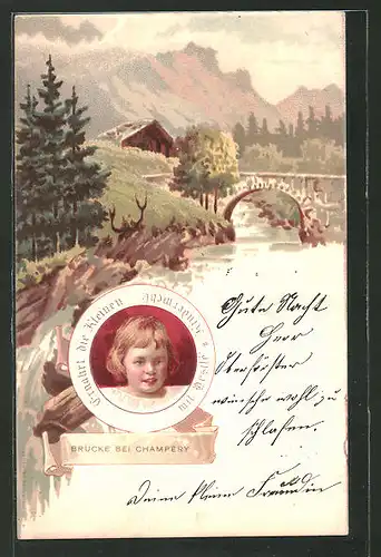 Lithographie Reklame für Nestlé Kindermehl, Brücke bei Champery