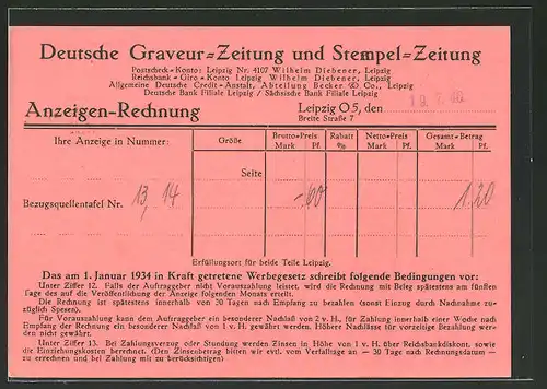 AK Anzeigen-Rechnung der Deutschen Graveur-Zeitung und Stempel-Zeitung