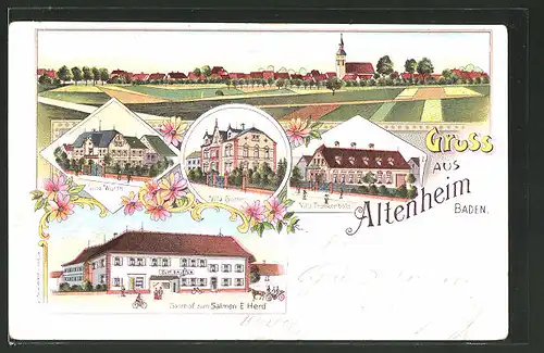 Lithographie Altenheim, Gasthof zum Salmen, Villa Wurth, Villa Sutter, Villa Trunkenbold