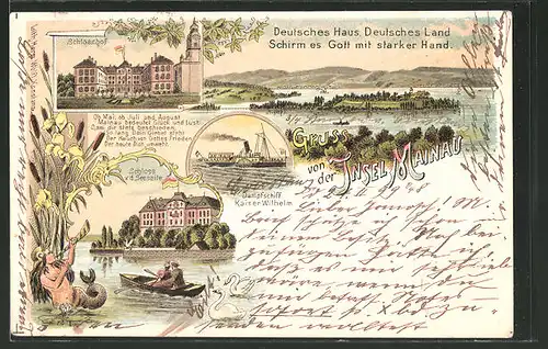 Lithographie Insel Mainau, Schloss von der Seeseite, Schlosshof, Dampfschiff Kaiser Wilhelm