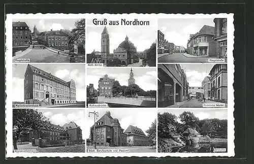 AK Nordhorn, Rathausbrücke, Hauptstrasse, Povelsche Werke, Oelmühle, Krankenhaus