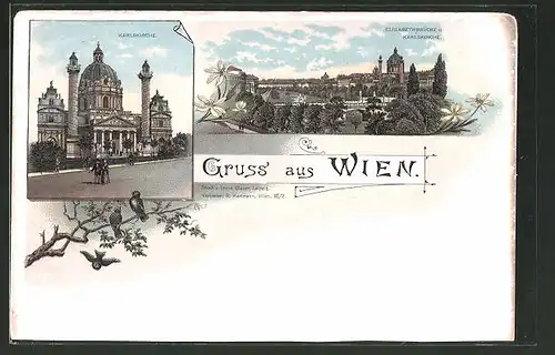 Lithographie Wien, Karlskirche, Elisabethbrücke