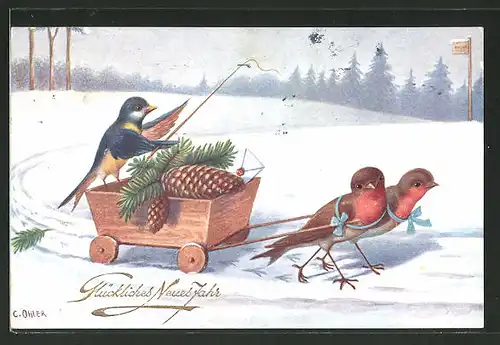 Künstler-AK C. Öhler: Vögel mit kleiner Kutsche im Winter