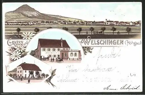 Lithographie Welschingen, Gasthaus und Bierbrauerei, Totalansicht aus der Ferne