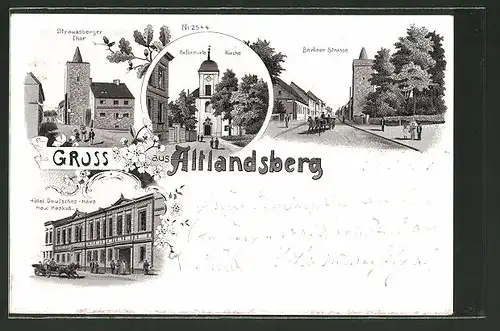 Lithographie Altlandsberg, Hotel "Deutsches Haus", Straussberger Tor, Berliner Strasse