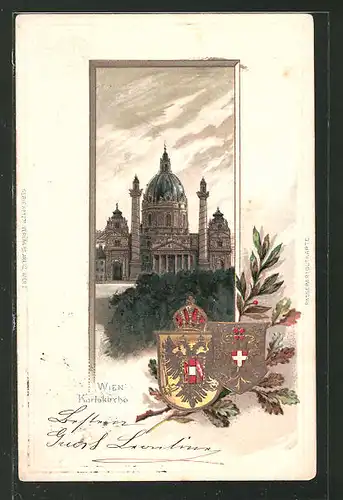 Passepartout-Lithographie Wien, Blick zur Karlskirche, Wappen