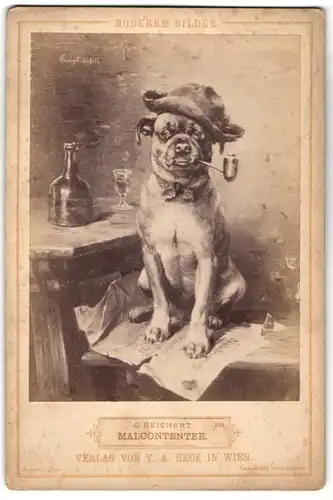 Fotografie J. Löwy, Gemälde von C. Reichert, Malcontenter, Hund mit Pfeife