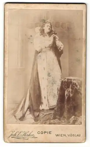 Fotografie Joh. E. Hahn, Wien, Portrait Schauspielerin Ilma Willborn Seiler als Maria Stuart, rückseitig Autograph