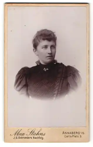 Fotografie Max Stahns, Annaberg i. S., Portrait Dame im schwarzen Kleid mit Spitze