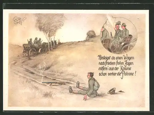 Künstler-AK Heinz Geilfus: Jäger wird von der Kutsche geworfen da seine Kanone noch geladen war