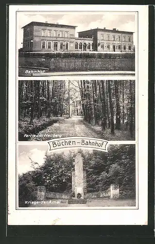 AK Büchen, Bahnhof, Partie am Hellberg und Kriegerdenkmal