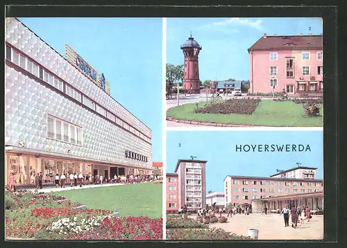 AK Hoyerswerda, Gaststätte "Freundschaft", Centrum-Warenhaus und Bahnhofsvorplatz