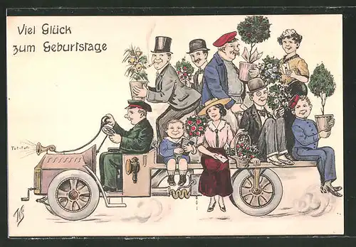 Künstler-AK Willi Scheuermann: "Viel Glück zum Geburtstage!", Familie fährt mit Auto