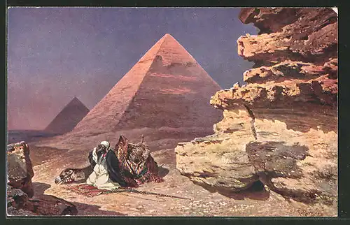 Künstler-AK Friedrich Perlberg: Araber beim Gebet vor den Pyramiden