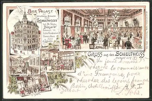 Vorläufer-Lithographie Berlin, 1895, Bierpalast der Schultheiss-Brauerei zum Schultheiss mit Innenansichten