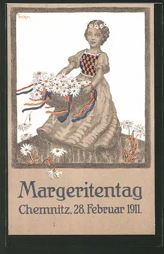 Künstler-AK Chemnitz, Margeritentag 1911, Mädchen mit einem Blumenkorb