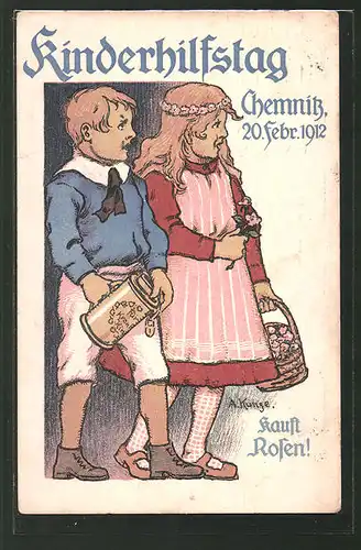 Künstler-AK Chemnitz, Kinderhilfstag 1912, Kauft Rosen!, Kinder mit Sammelbüchse