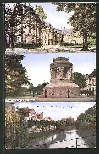 AK Münster, Strassenpartie am Schloss, Kriegerdenkmal, Am Kanonengraben