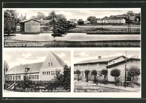 AK Spechtsdorf, Blick auf den Mühlenteich, Schule, Gasthof Ewald Kolm