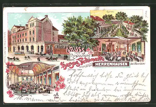 Lithographie Hannover-Herrenhausen, Restaurant Zum Herzog Ferdinand, Aussenansicht, Saal, Garten
