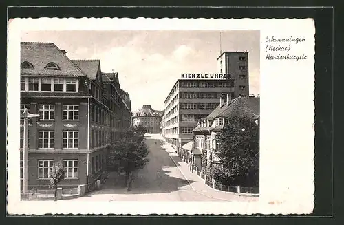 AK Schwenningen, Hindenburgstrasse mit Blick auf die Uhrmacherei Kienzle-Uhren