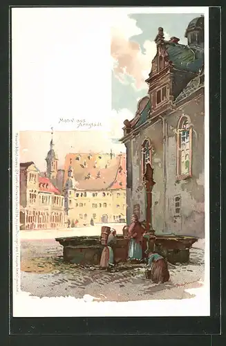 Künstler-AK Meissner & Buch (M&B) Nr. 1034: Arnstadt, Marktplatz mit Brunnen