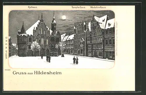 Winter-Lithographie Hildesheim, Rathaus, Templerhaus und Wedekindhaus bei Nacht und Vollmond