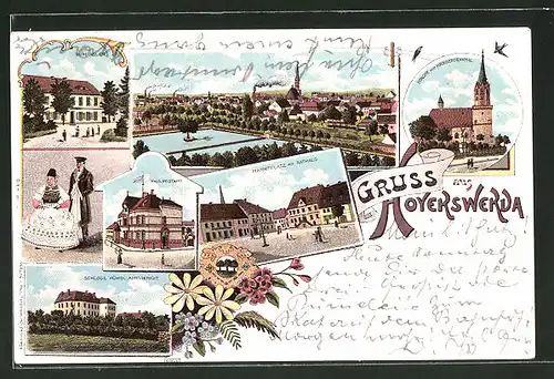 Lithographie Hoyerswerda, Postamt, Gasthof Zum Adler, Markt, Trachten