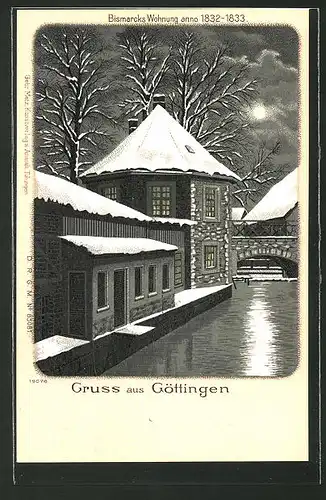 Winter-Lithographie Göttingen, Bismarcks Wohnung anno 1832-1833, Ansicht im Mondschein