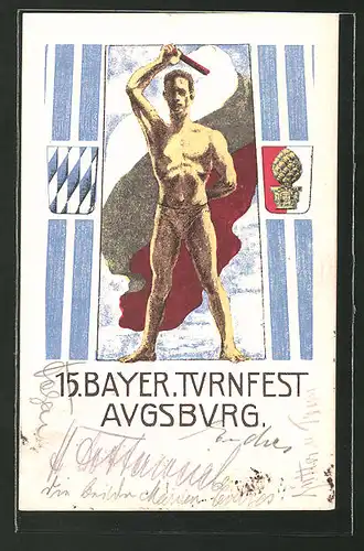 Künstler-AK Augsburg, 15. Bayer. Turnfest 1922, Turner mit Fahne