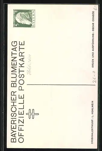 Künstler-AK Ludwig Hohlwein: Dame steckt ihrem Kavalier eine Blume an, Ganzsache 5 Pfennige