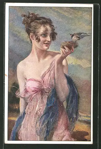 Künstler-AK Leopold Schmutzler: Junge leicht bekleidete Frau hält ein Nest mit einem Vogel